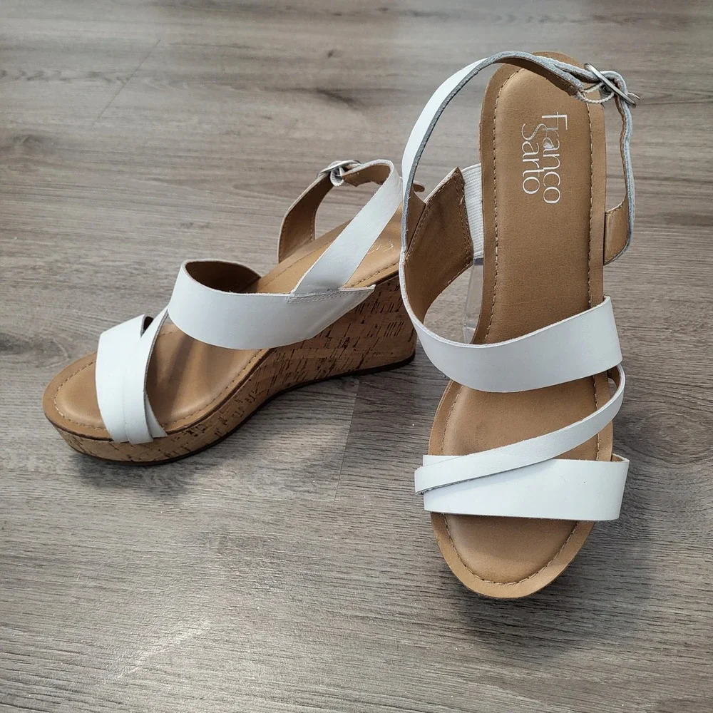 Franco Sarto Womens White Leather Cork Wedge Platform Sandals Strappy Buckle 8